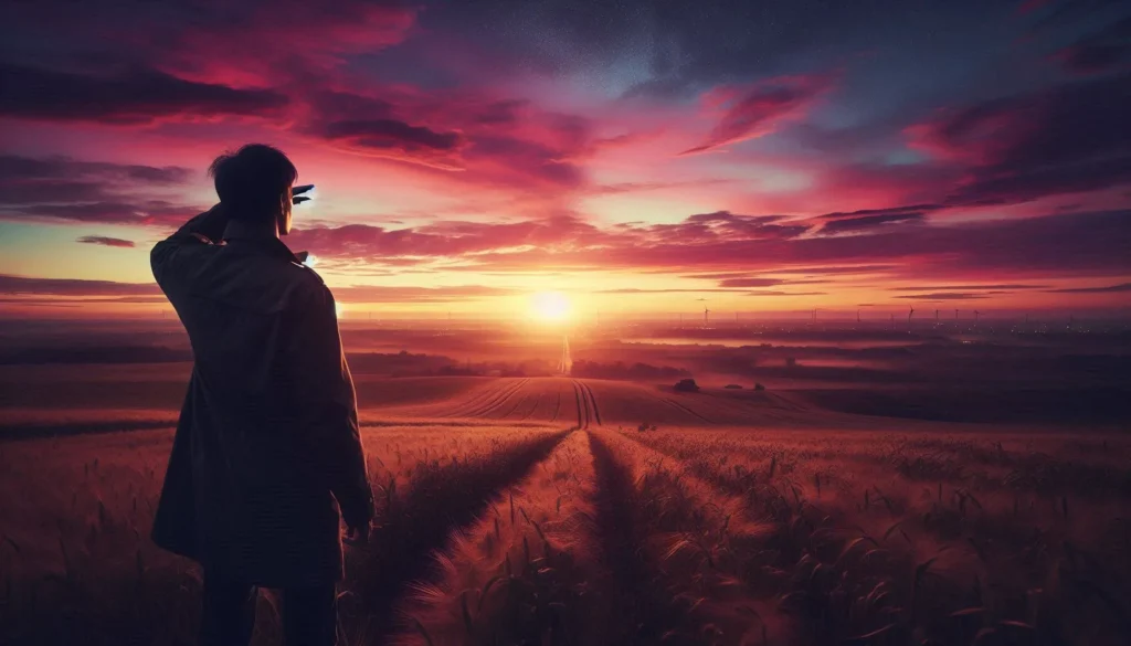 um homem comum visto de trás como se estivesse em busca de um sentido na vida olhando para o horizonte ao crepúsculo