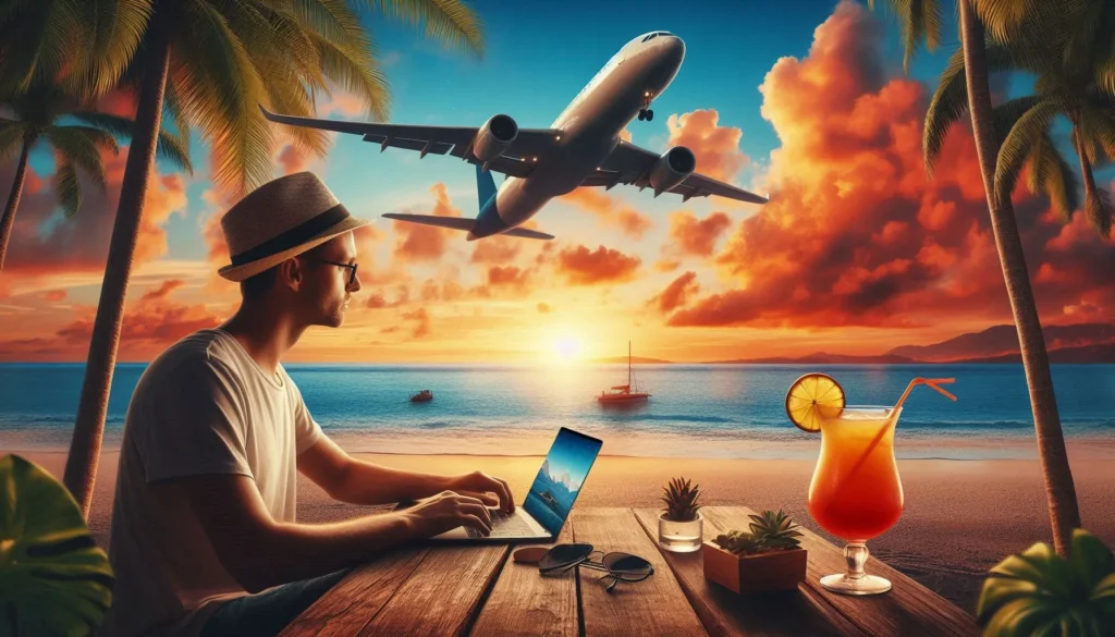 uma pessoa trabalhando em um laptop em uma praia paradisíaca ao pôr do sol, trabalhar de qualquer lugar do mundo